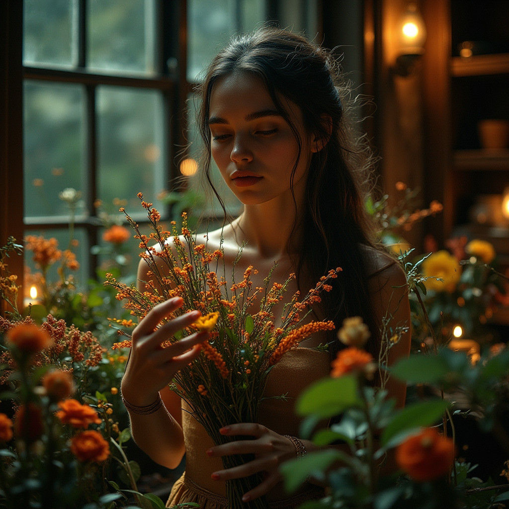 Apothecary Woman Gathering Herbs in Cinematic Lighting