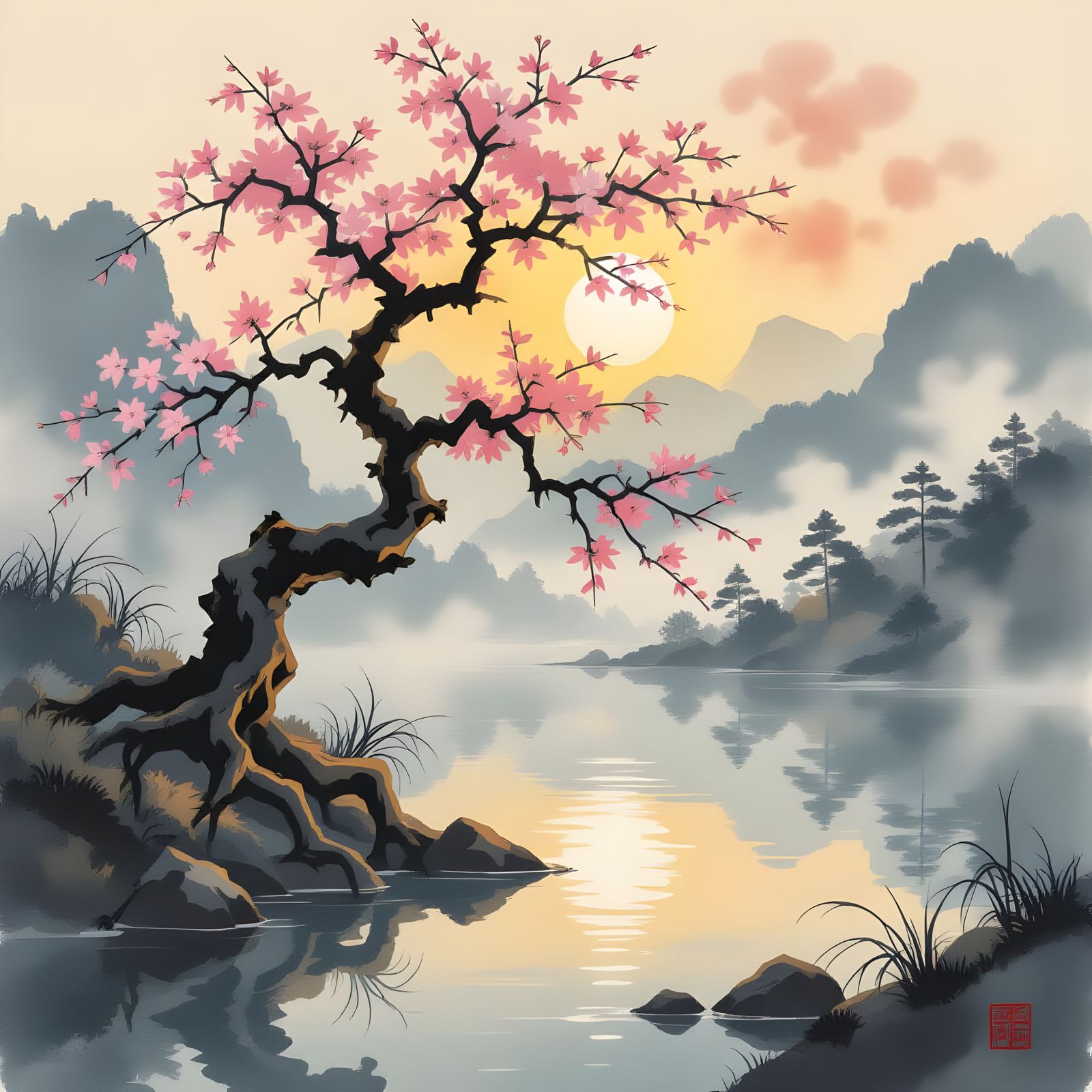 Ancient Gnarled Tree by Mist Shrouded Lake