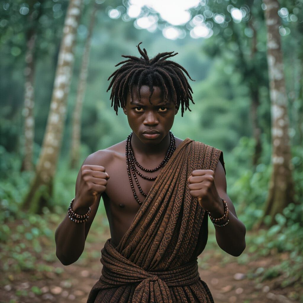 Intense Liberian Teen in Forest Clearing at Night