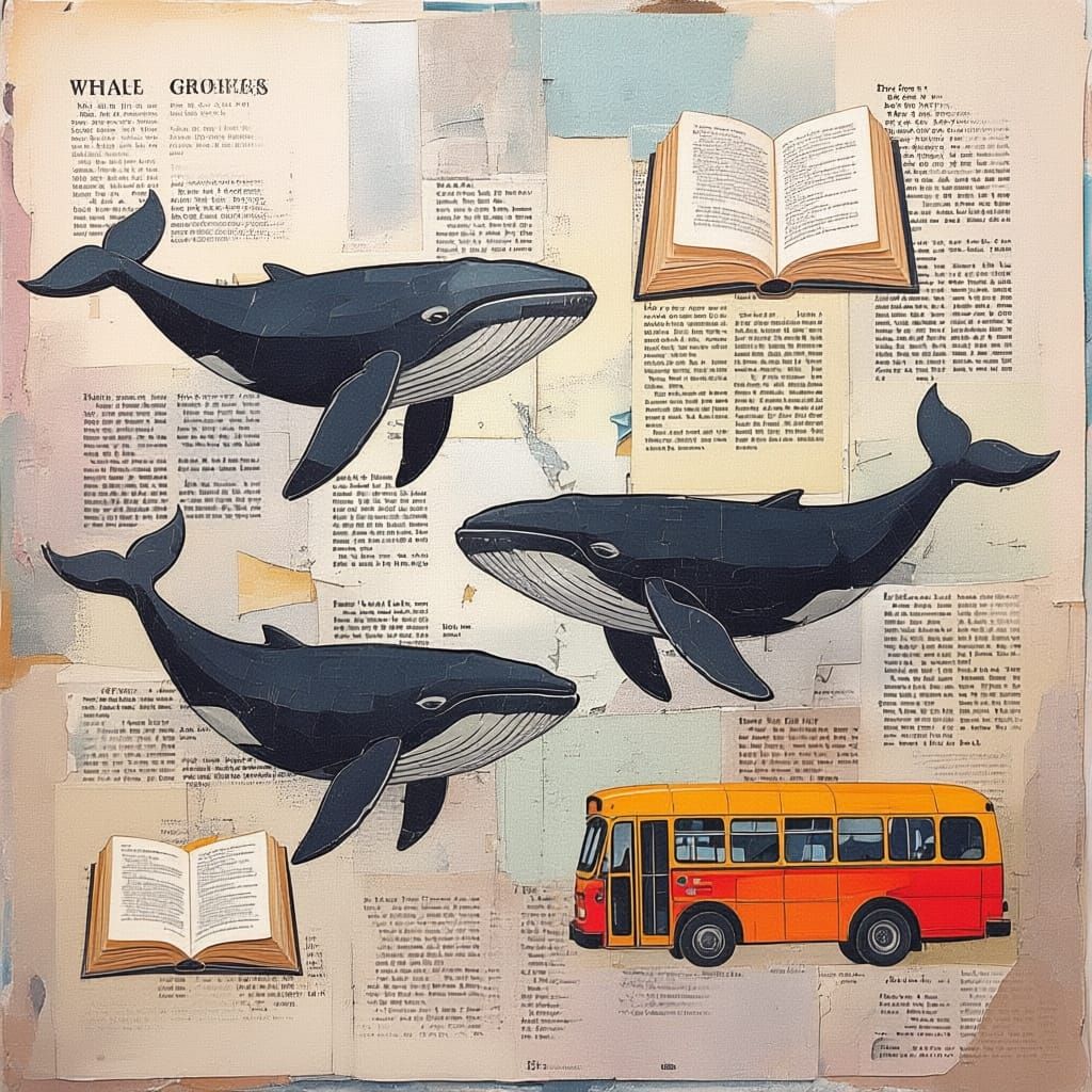 Whales, Books, and Busses Collage Art