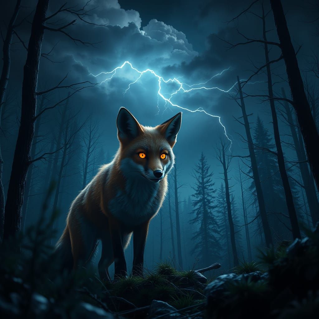 Mystical Midnight Fox in a Haunting Dark Forest