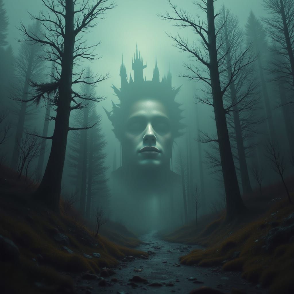 Dark, Mysterious Landscape with Gradient Skies and Deep Shad...