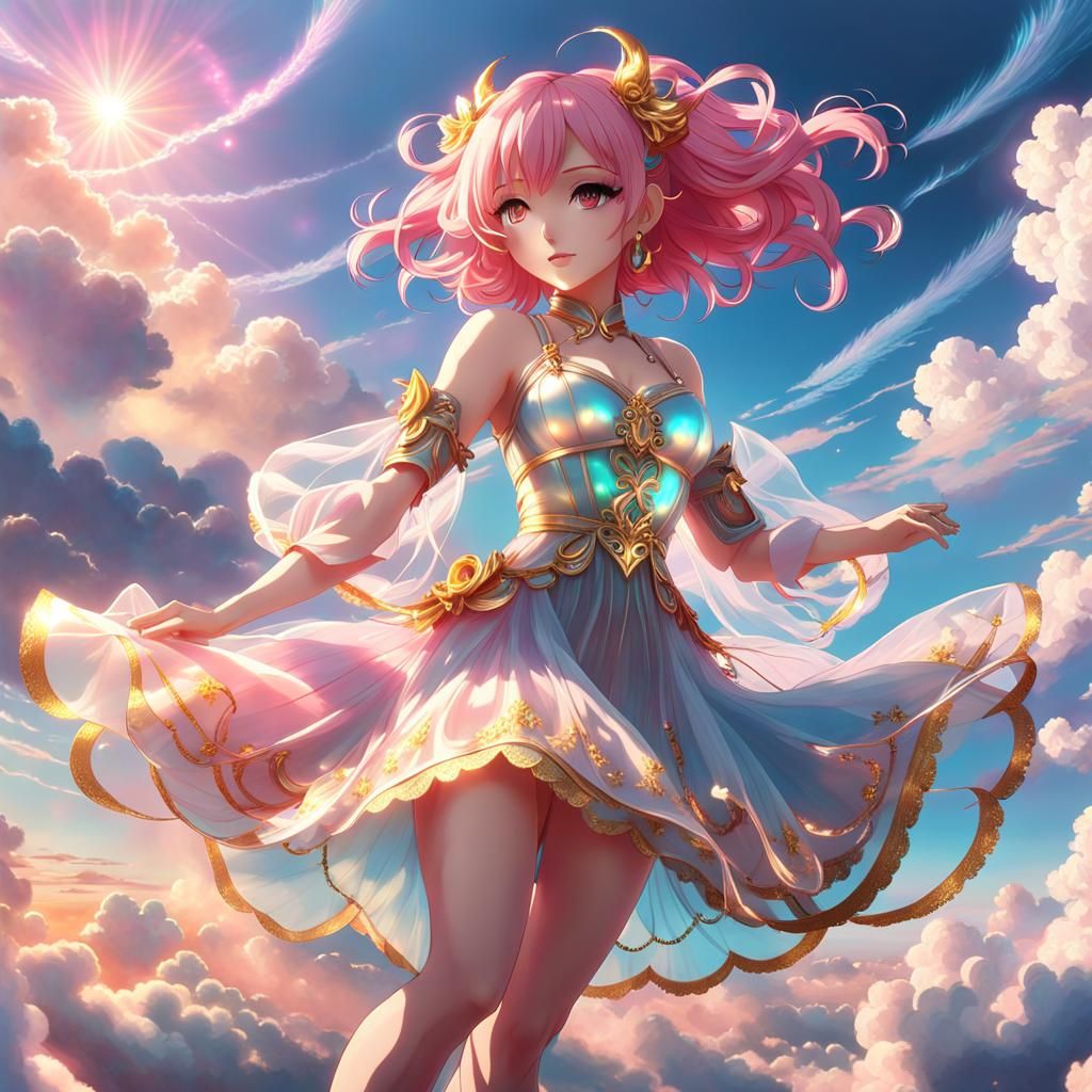 Pink Haired Anime Girl Dancing on Clouds