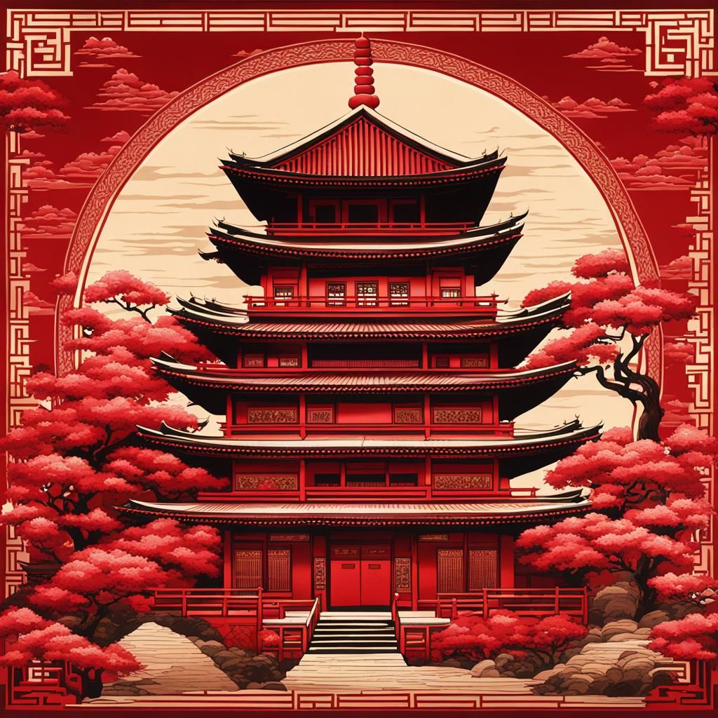 Red Oriental Building on Japanese Tapestry