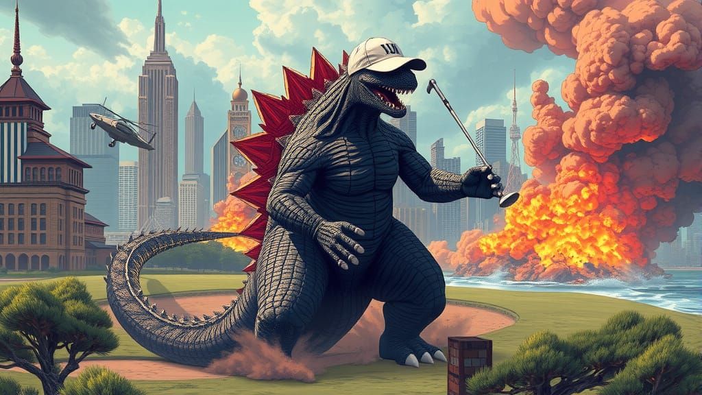 Godzilla Destroys Golf Course: Dystopian Sci-Fi Art