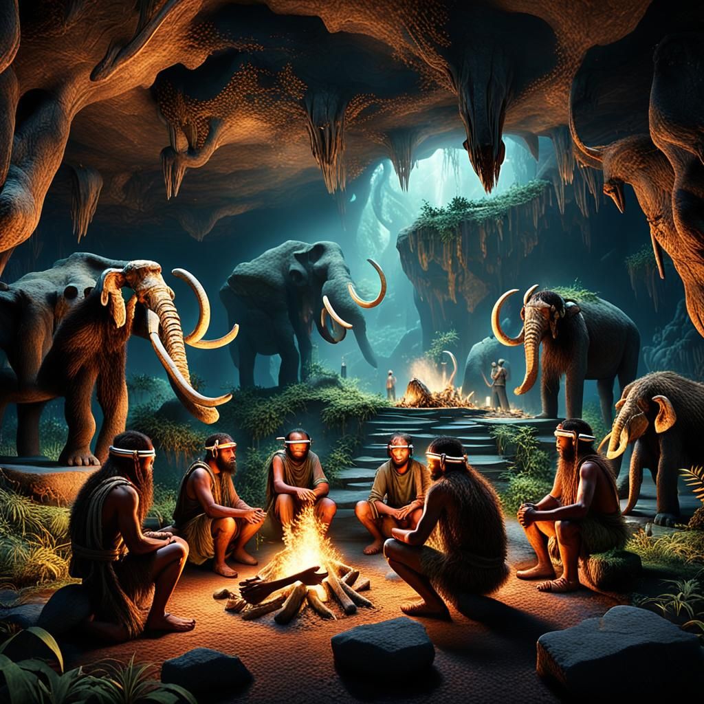 Cavemen huddled around a flickering fire in a dimly lit preh...