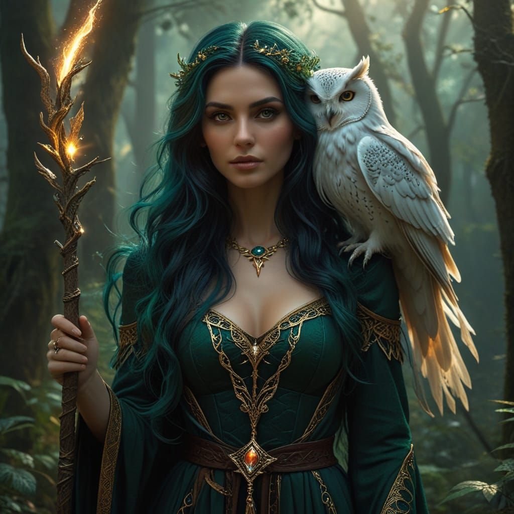 Fantasy Elf Sorceress in Mystical Forest with Gold Staff and...
