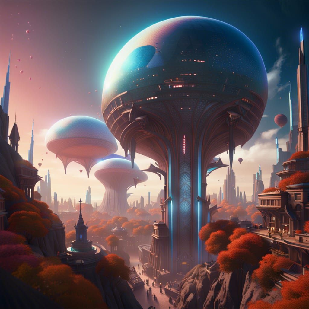 a wide view of the landscape with buildings in a mystical Utopian city