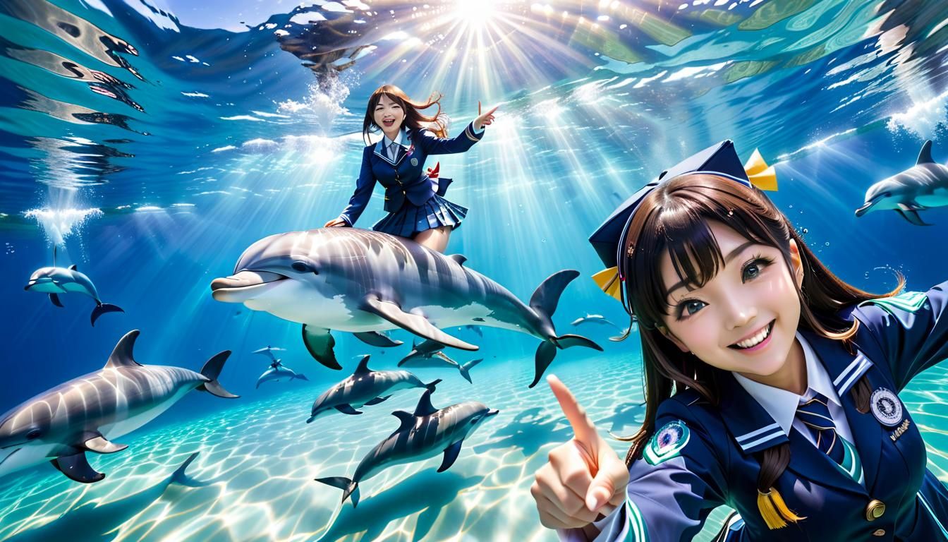 Japanese Schoolgirls Ride Dolphins Underwater