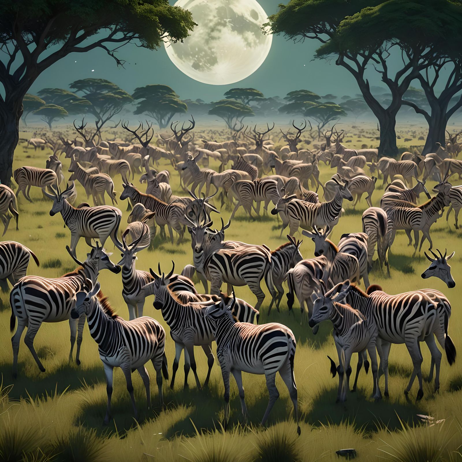 Hybrid Gazelles and Zebras on Savannah Under Moonlight
