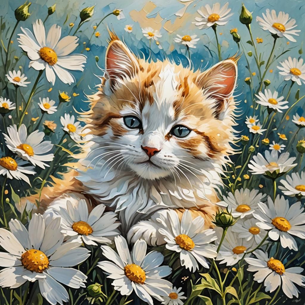 Kitten Sleeping on Cosmos Flower, Gouache Impasto