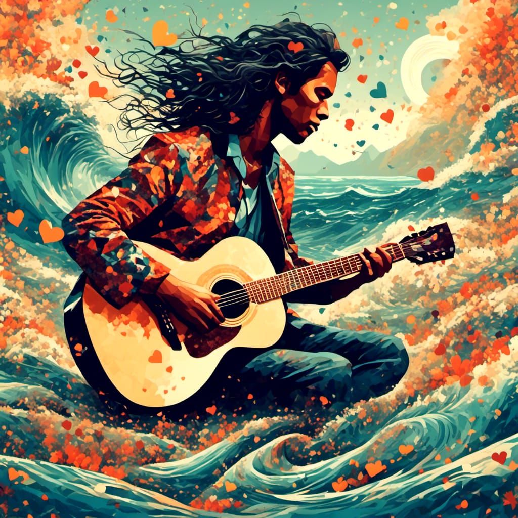 Surreal Double Exposure: Guitar Singer and Beachscape