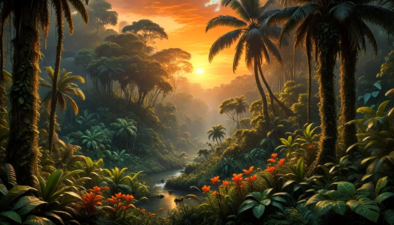 Tropical Rainforest Sunset in Vibrant Colors