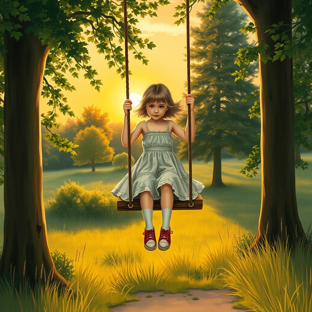 Girl on a Swing at Sunset in Storybook Style