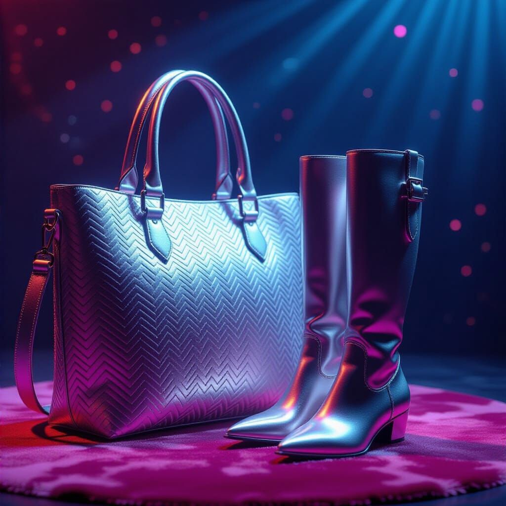 Silver Boots and Tote Bag on Velvet Rug