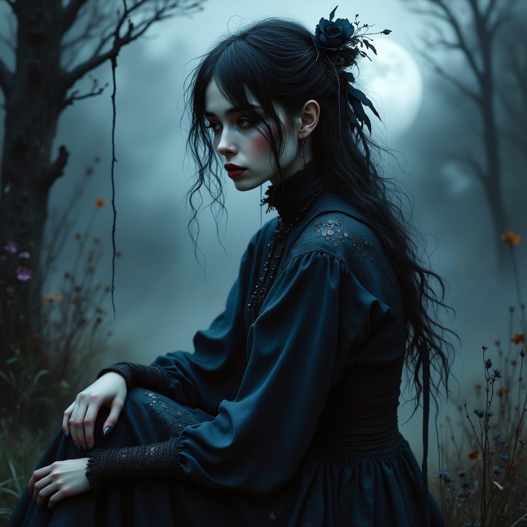 Mysterious Woman in Moonlit Mist, Digital Art