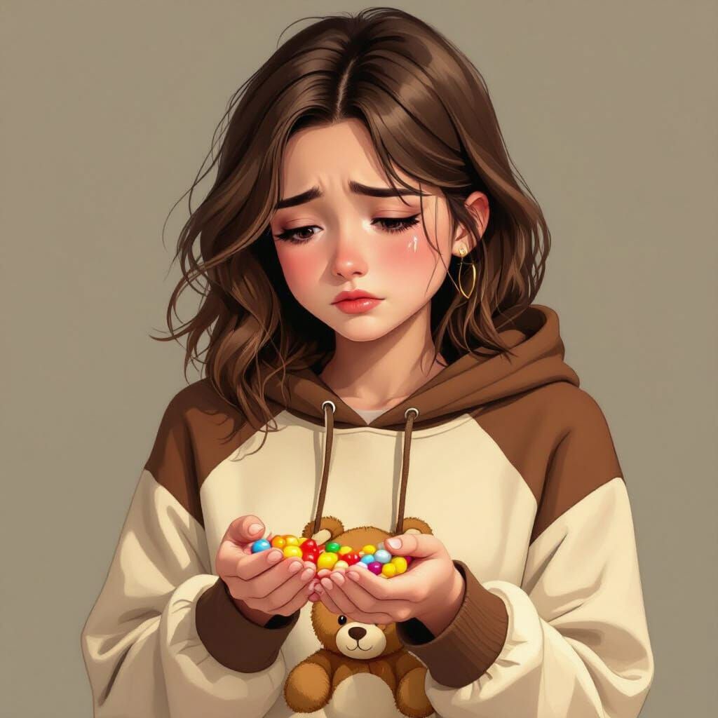Sad Girl Tearfully Eats Jelly Beans