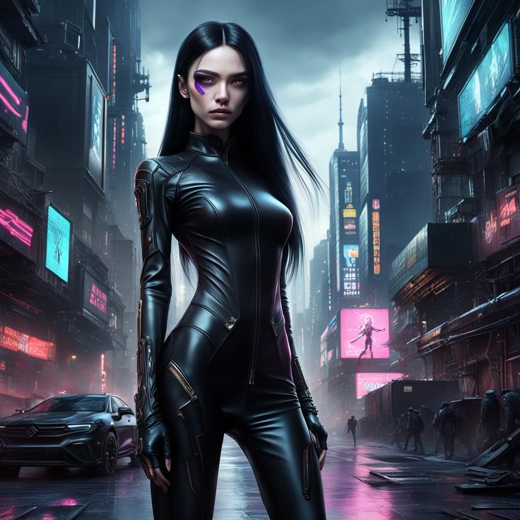 Cyberpunk Girl in Black Catsuit, 8K Rendering