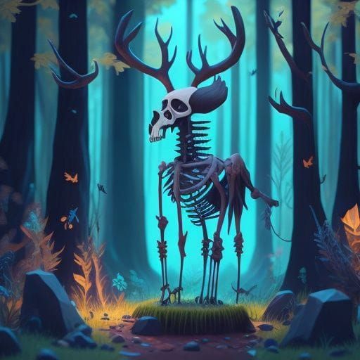 Anthropomorphic Deer Skeleton in Forest, Digital Cartoon Art