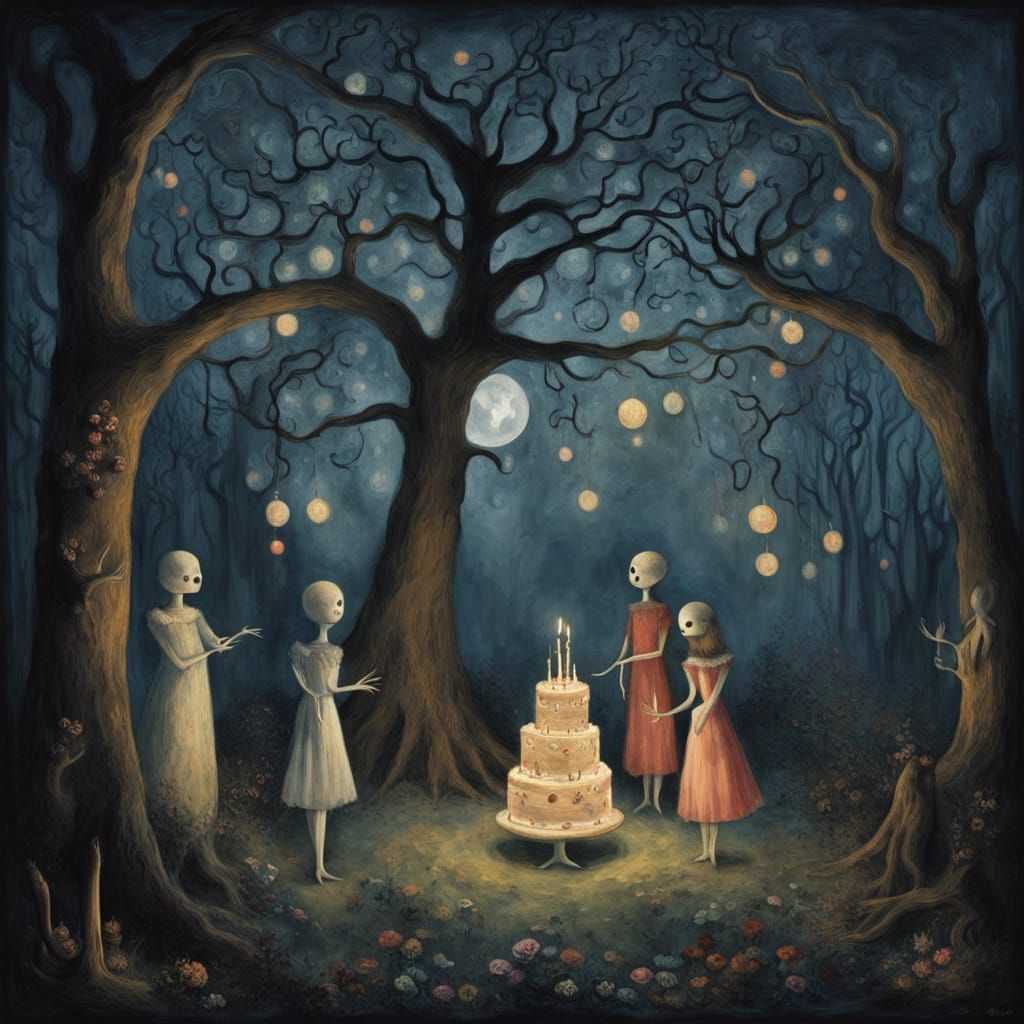 Surreal Birthday Party in Moonlit Shadows