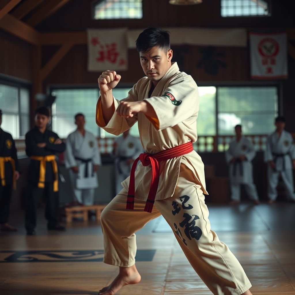 Dynamic Martial Artist Mid-Punch in Stylized Dojo