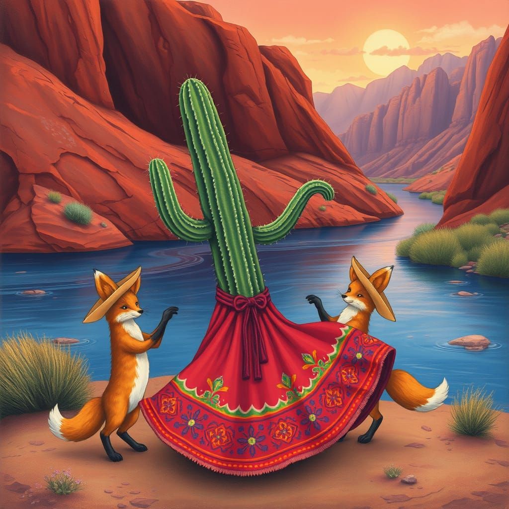 Cactus and Foxes Dance by Red Cliffs