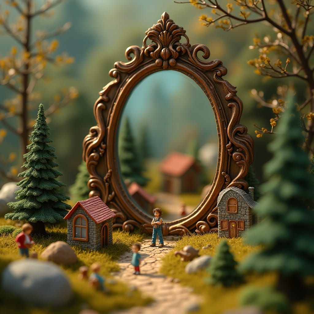 Miniature World Reflected in Antique Mirror