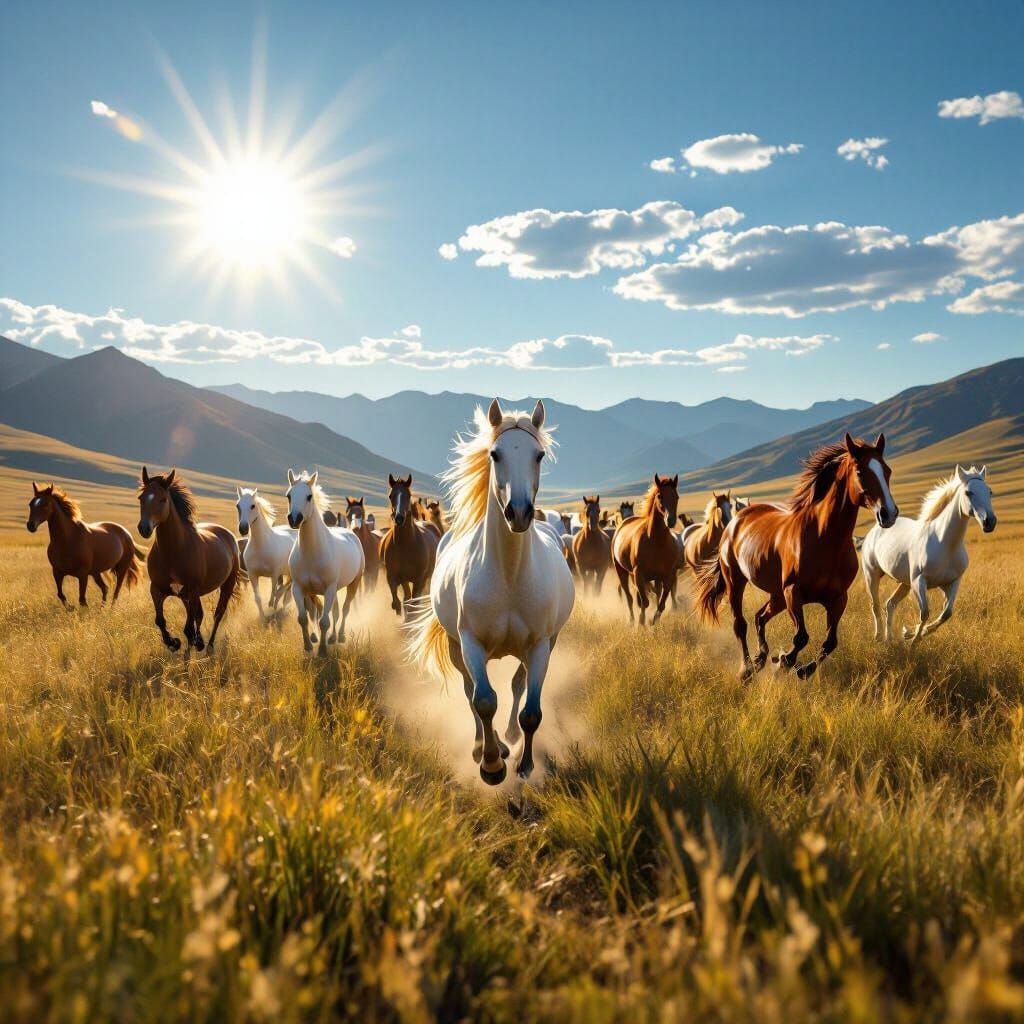 Vibrant Horses Gallop Through Wild Mountains in Golden Hour
