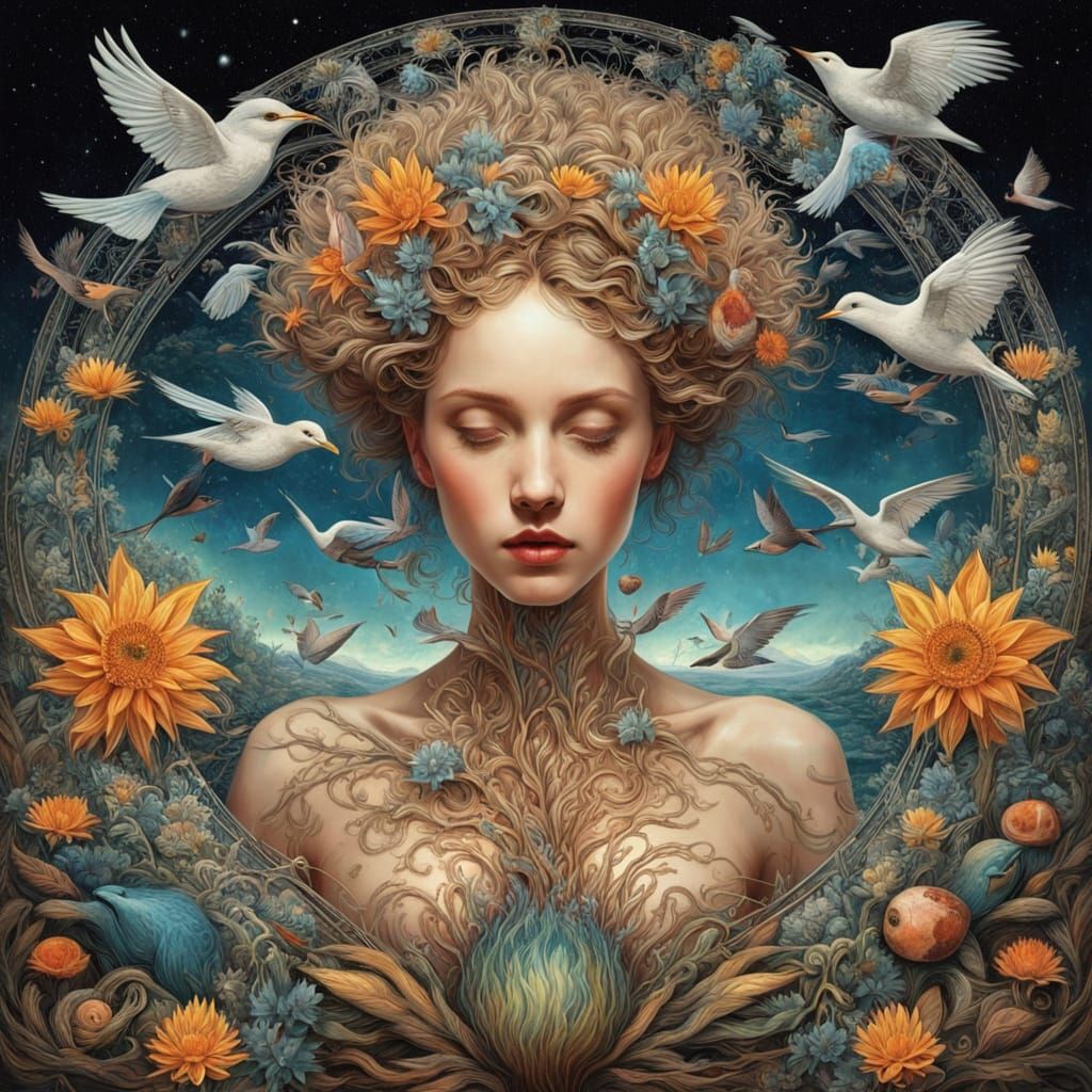 Dreamlike Glitch Art: Cosmic Female Figure in Nature