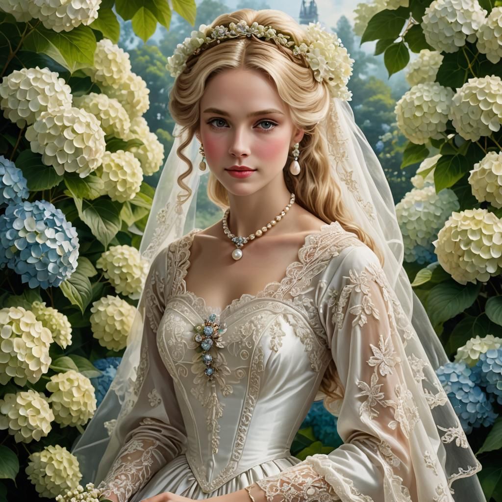 A Victorian-era woman wearing a white wedding dress