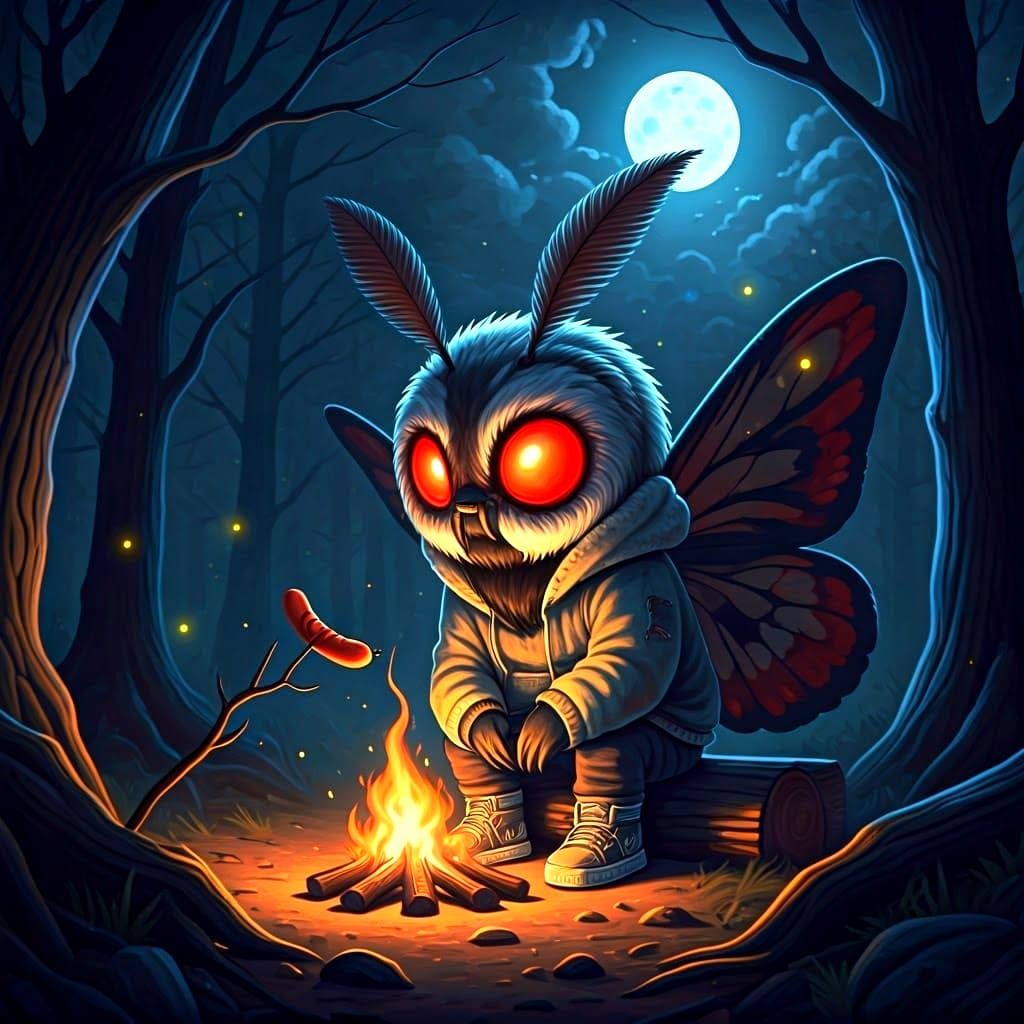 Chibi Mothman Roasting Hotdogs at Campfire