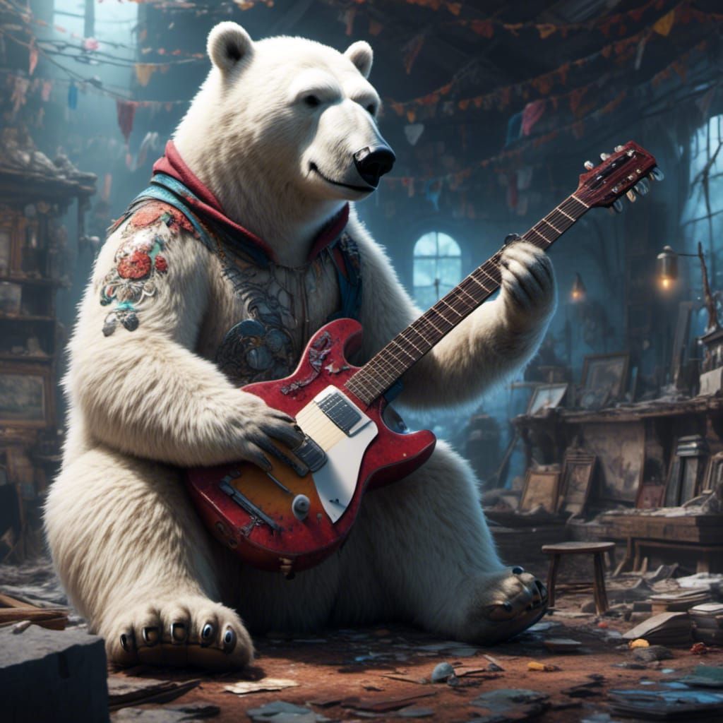Punk Rock Polar Bear Guitarist: Detailed Digital Painting