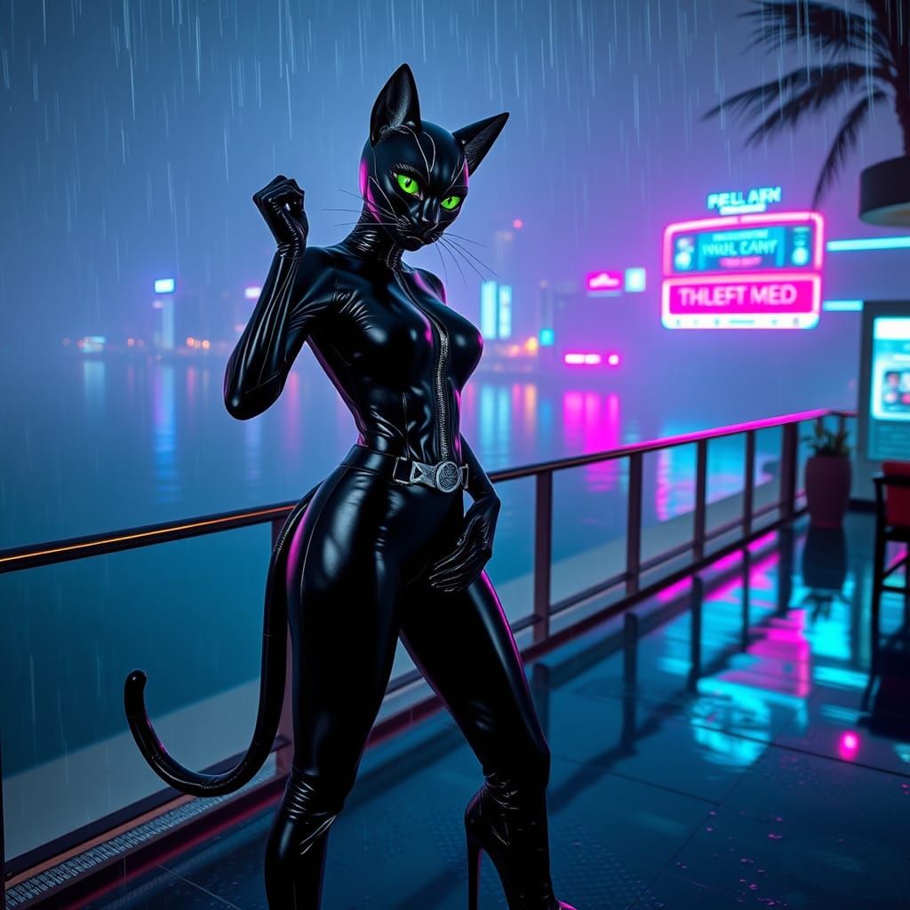 Cyberpunk Goddess in Black Latex Catsuit