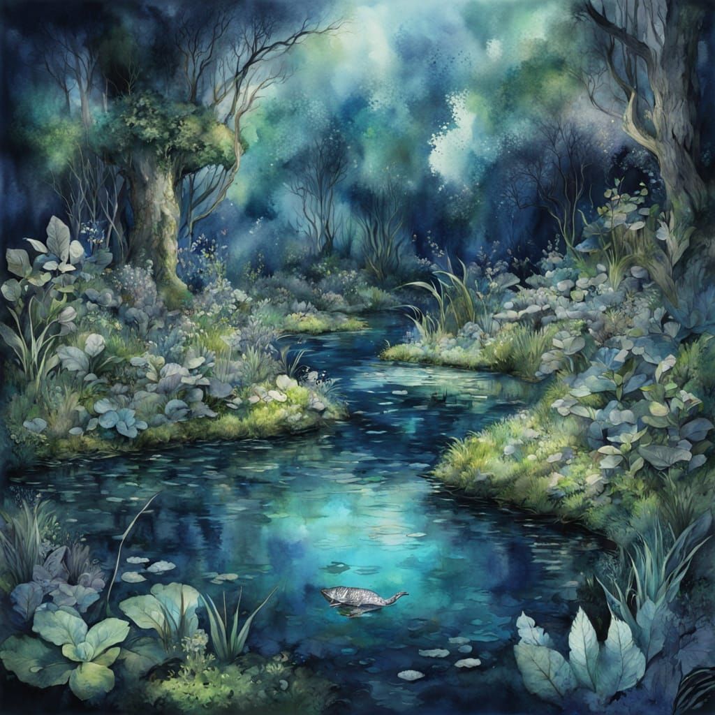 Atmospheric Watercolour Pond Inspired by Fantasy