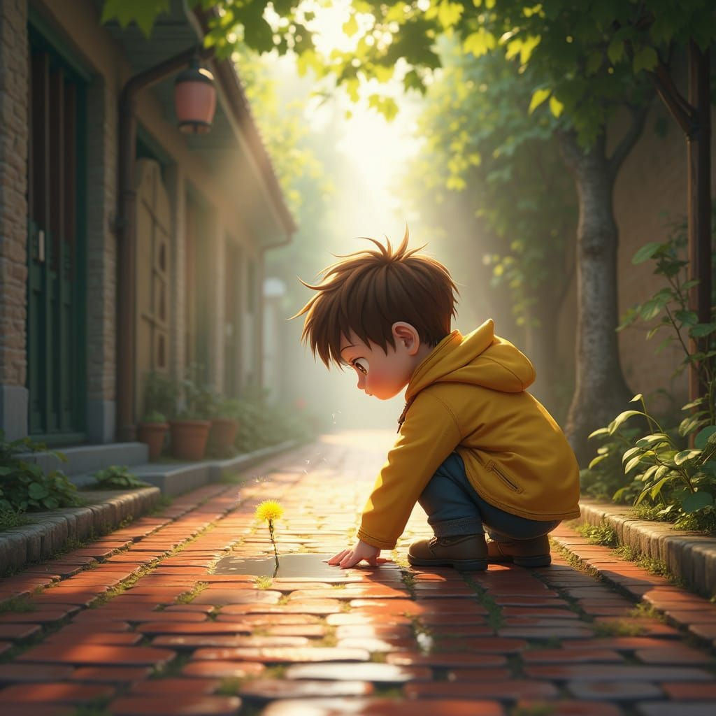 Young Boy Contemplates Rainy Day Scene in Vivid 3D Anime Art