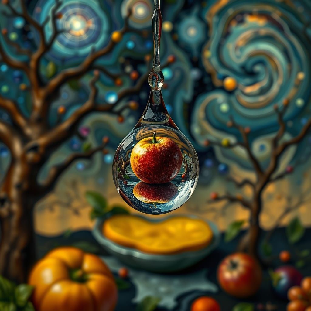 Raindrop Reflecting Surreal Still Life in Psychedelic Style