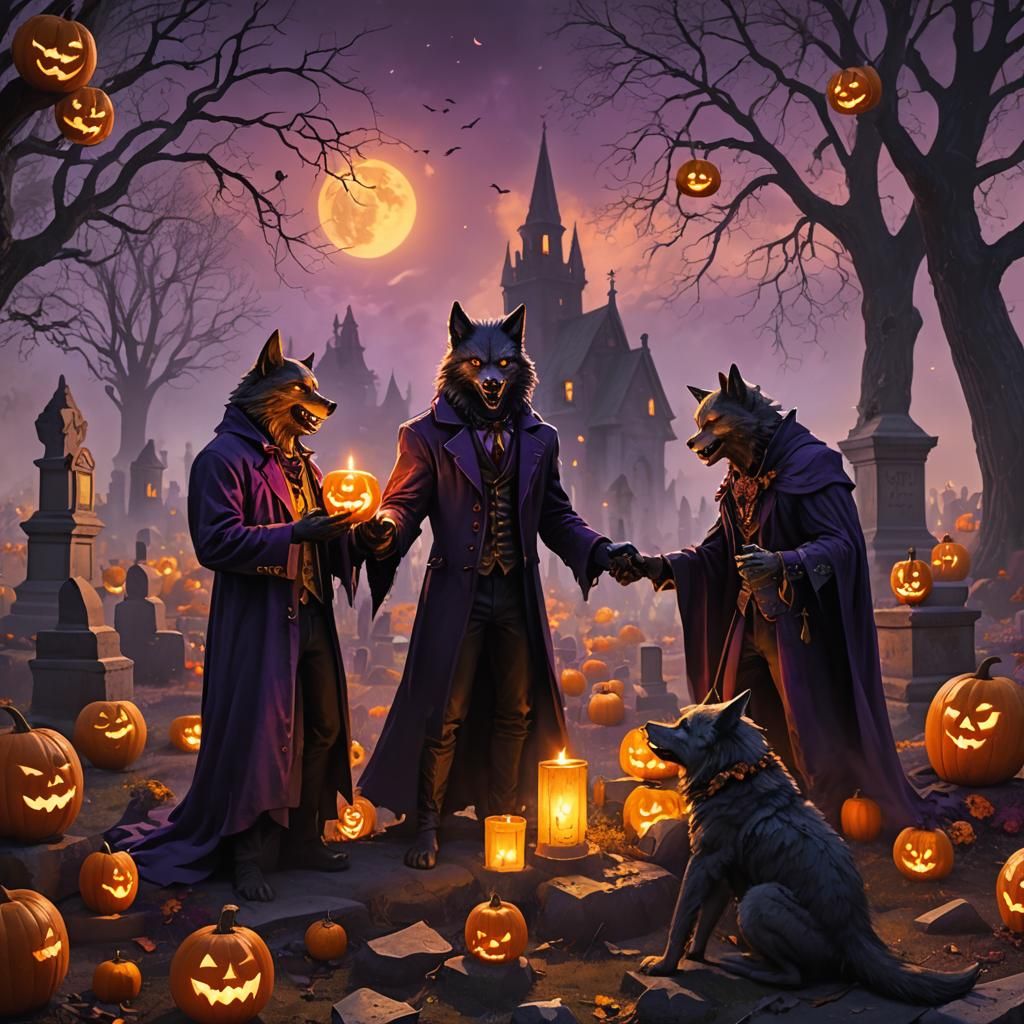 Werewolf and Werefox Wedding in Candlelit Graveyard