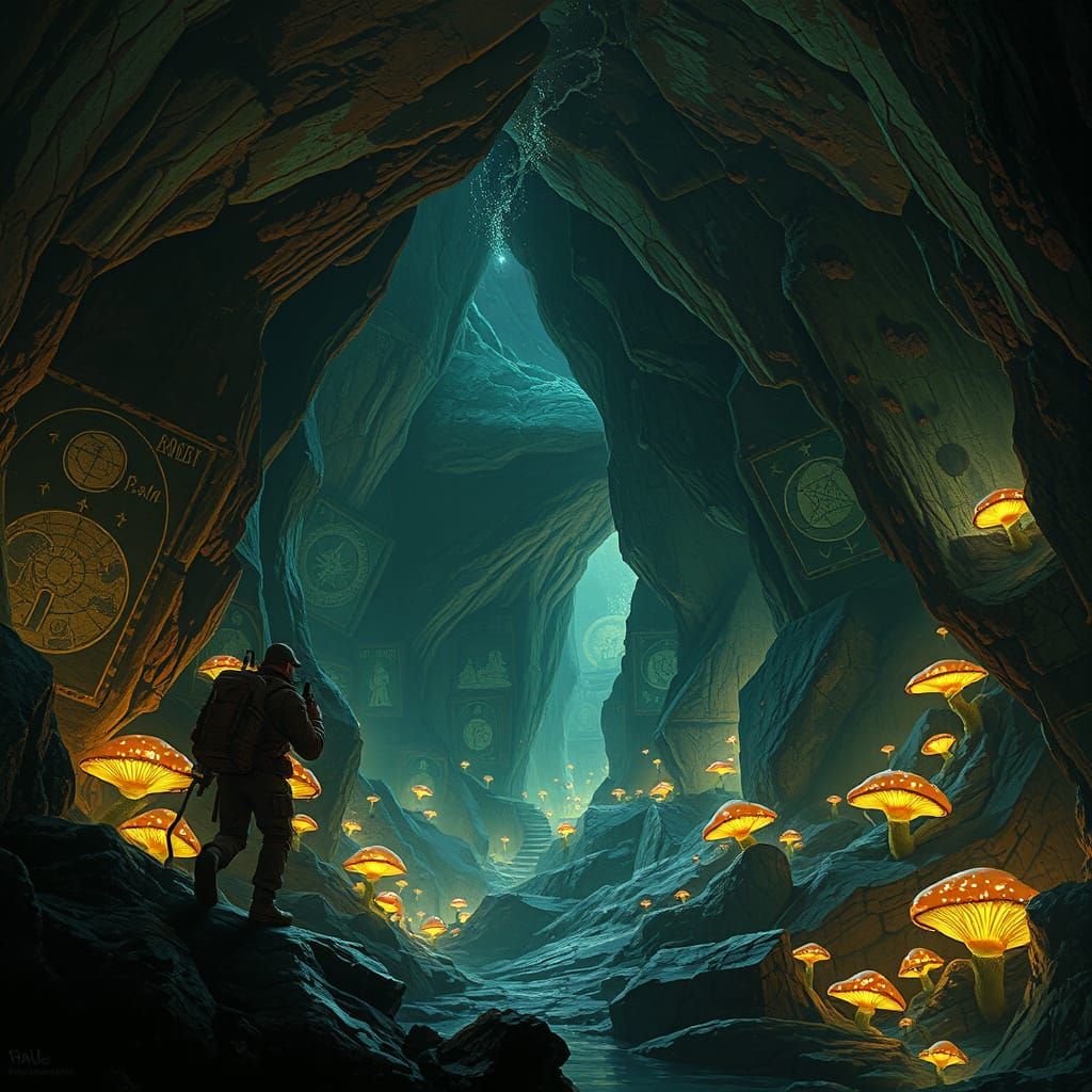 Explorer in Alien Cave System with Glowing Fungi and Carving...