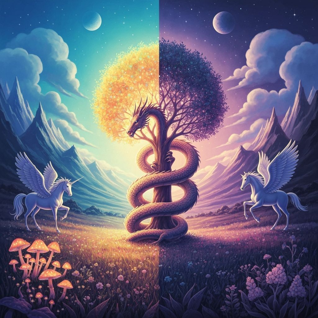 Dragon Coiled Around Luminous Tree in Celestial Meadow