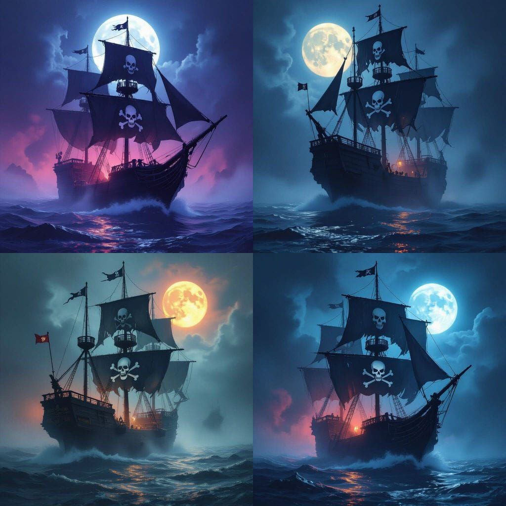 Ghostly Pirate Ship in Eerie Fog Under Full Moon