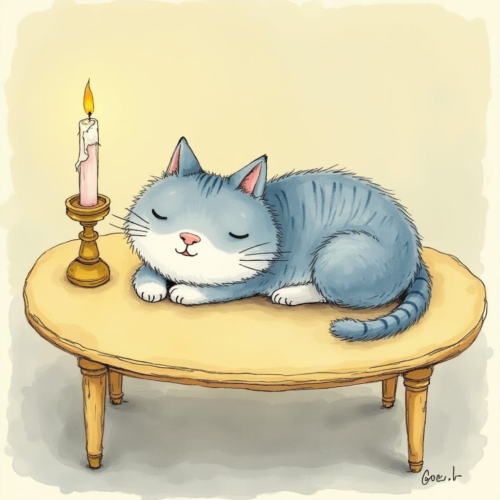 Whimsical Cat Reclining by Candlelight in Watercolor Style