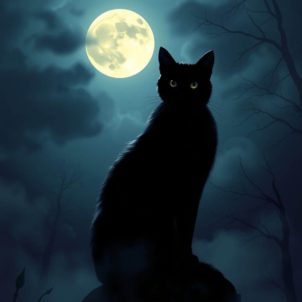 Ethereal Black Cat Silhouette Under Full Moon