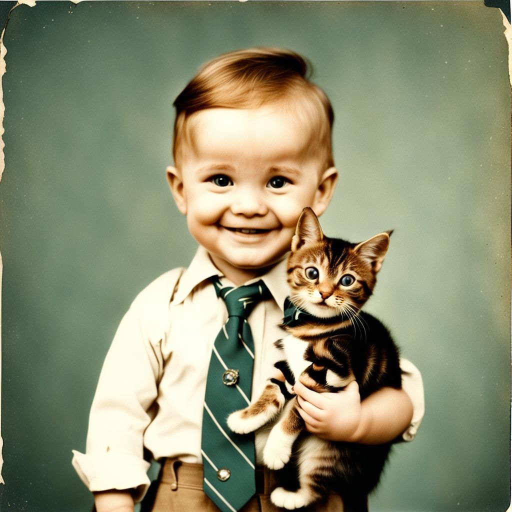 1950s Polaroid of Toddler Holding a Cat
