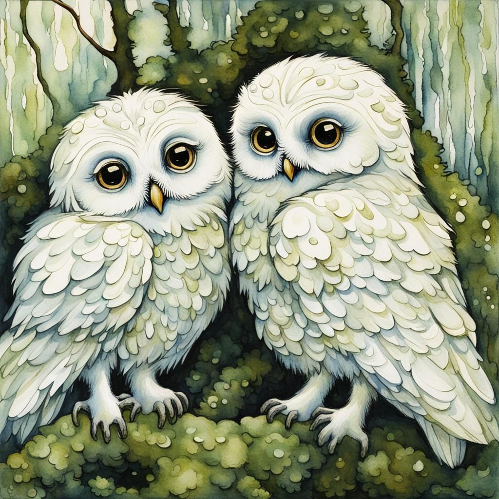 White Owlets Huddling in Mossy Forest, Watercolor Illustrati...