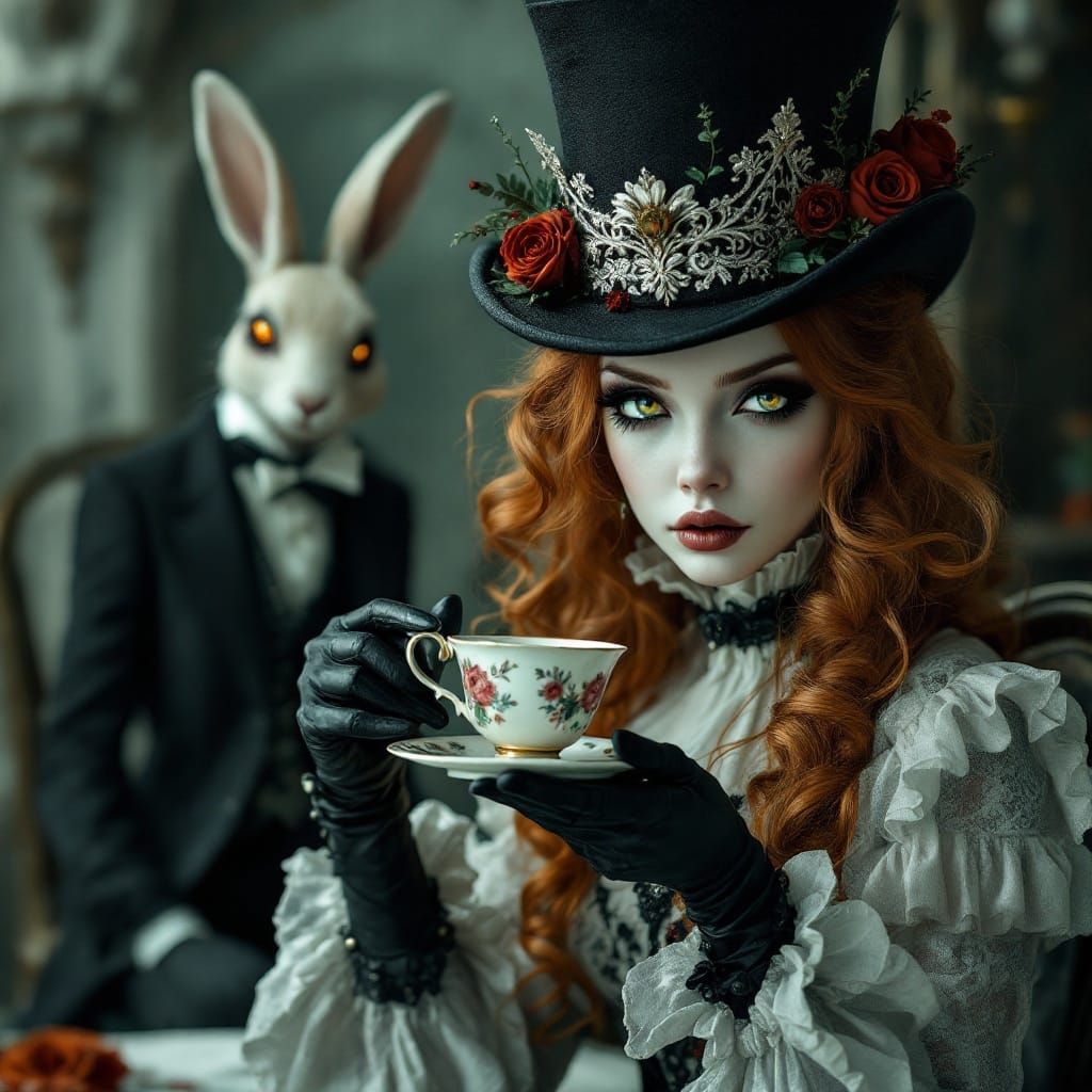 Mystical Tea Party Scene in Cyberpunk Style