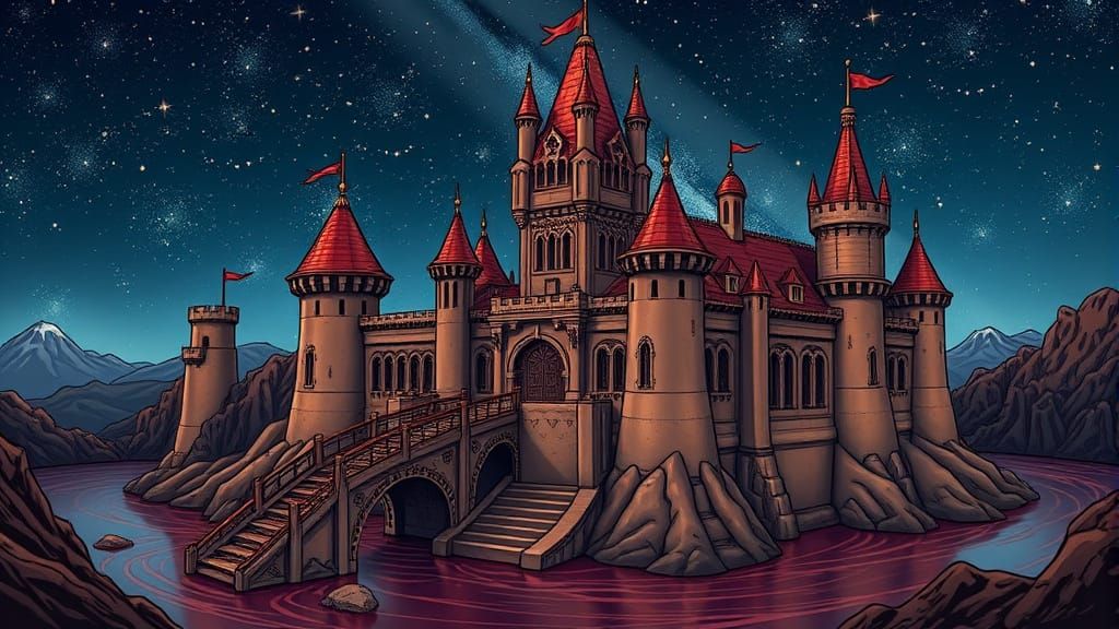 Chocolate Castle Under Starry Sky in Comic Book Style