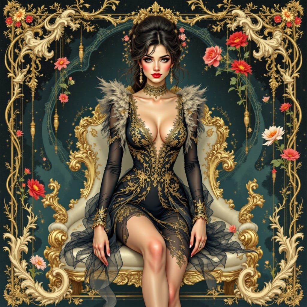 A Pin-Up Goddess in a Velvet Throne, Surrounded by Art Nouve...