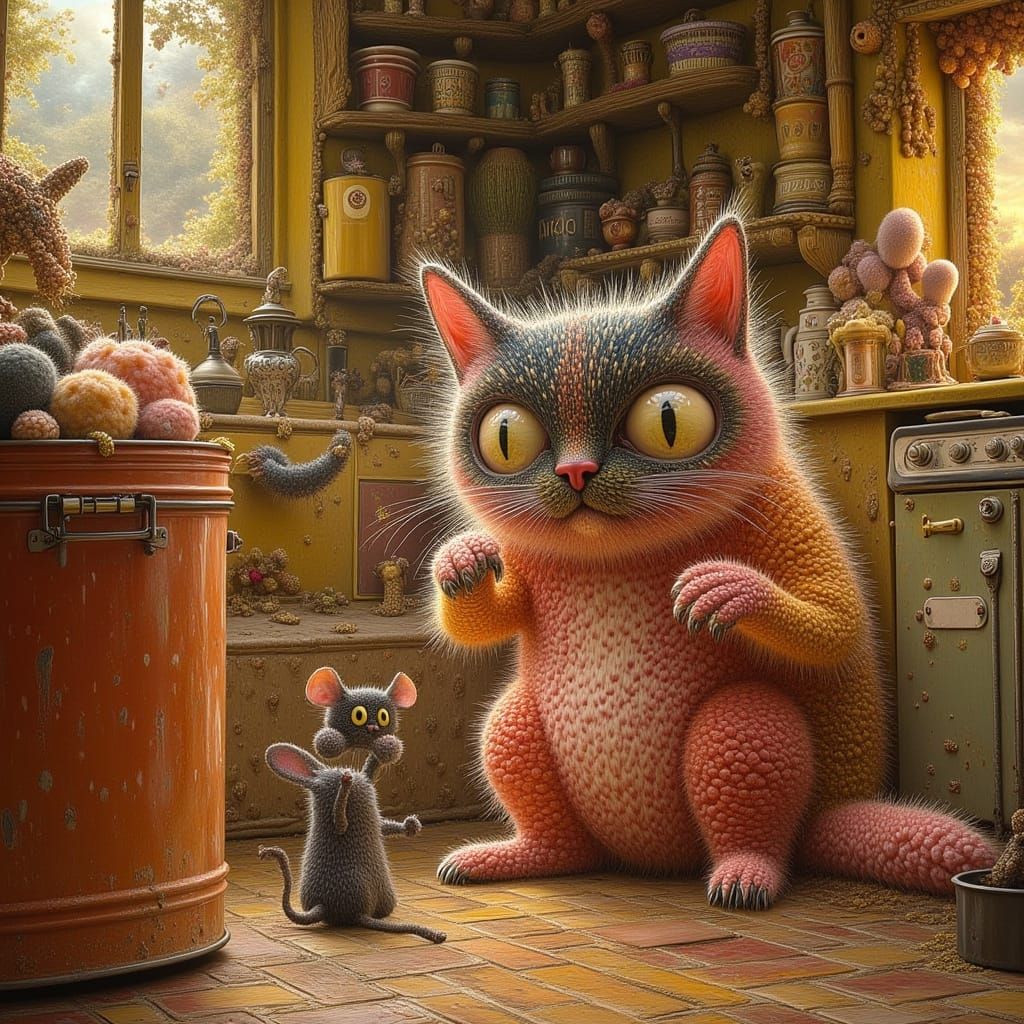 Whimsical Cat Holds Mouse in Golden Lit Kitchen