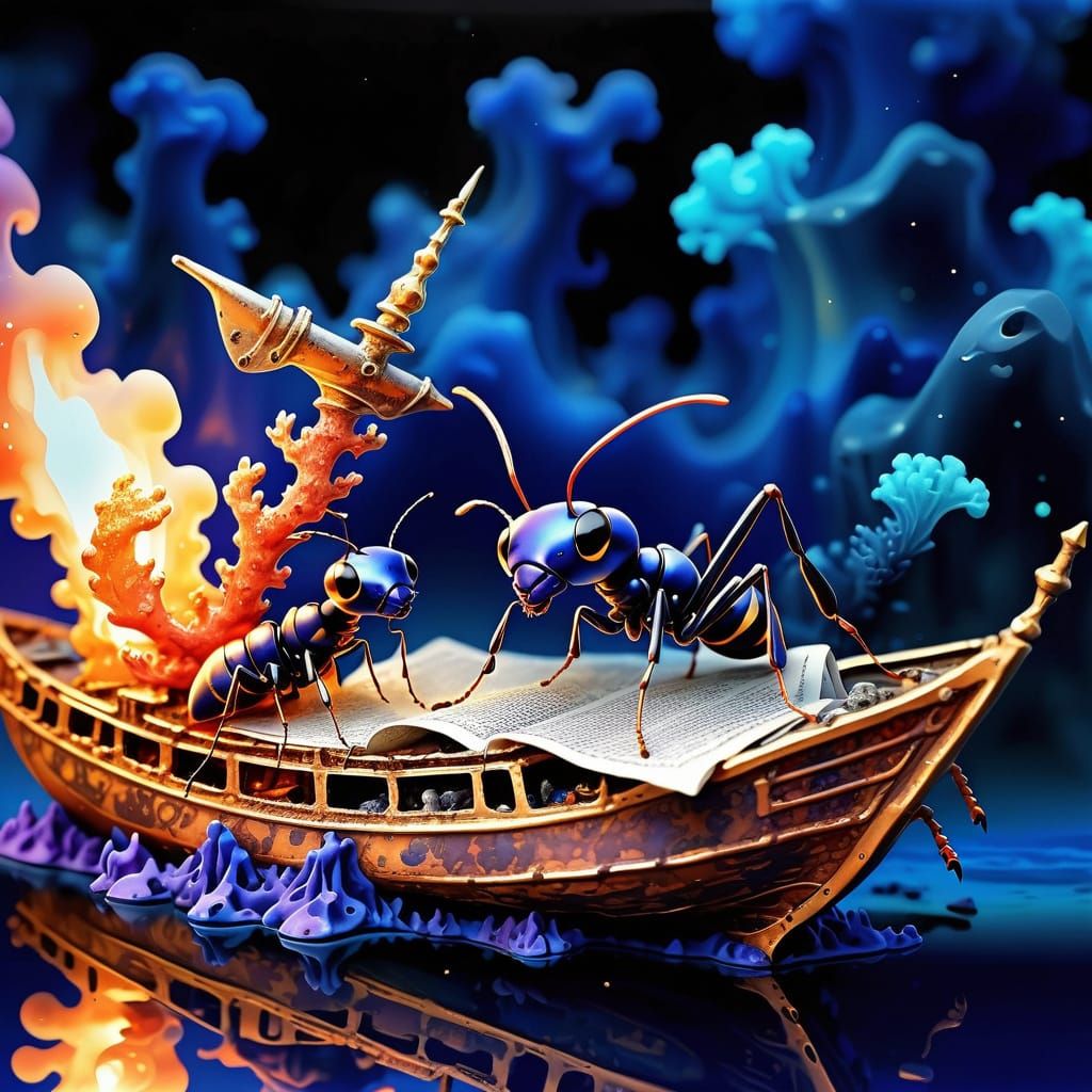 Surreal Ant Pirates Navigate Amber-Indigo Oceanic Vessels