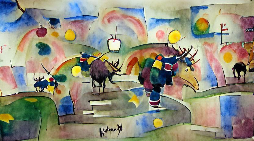 Moose Attends School in Kandinsky Watercolor Style